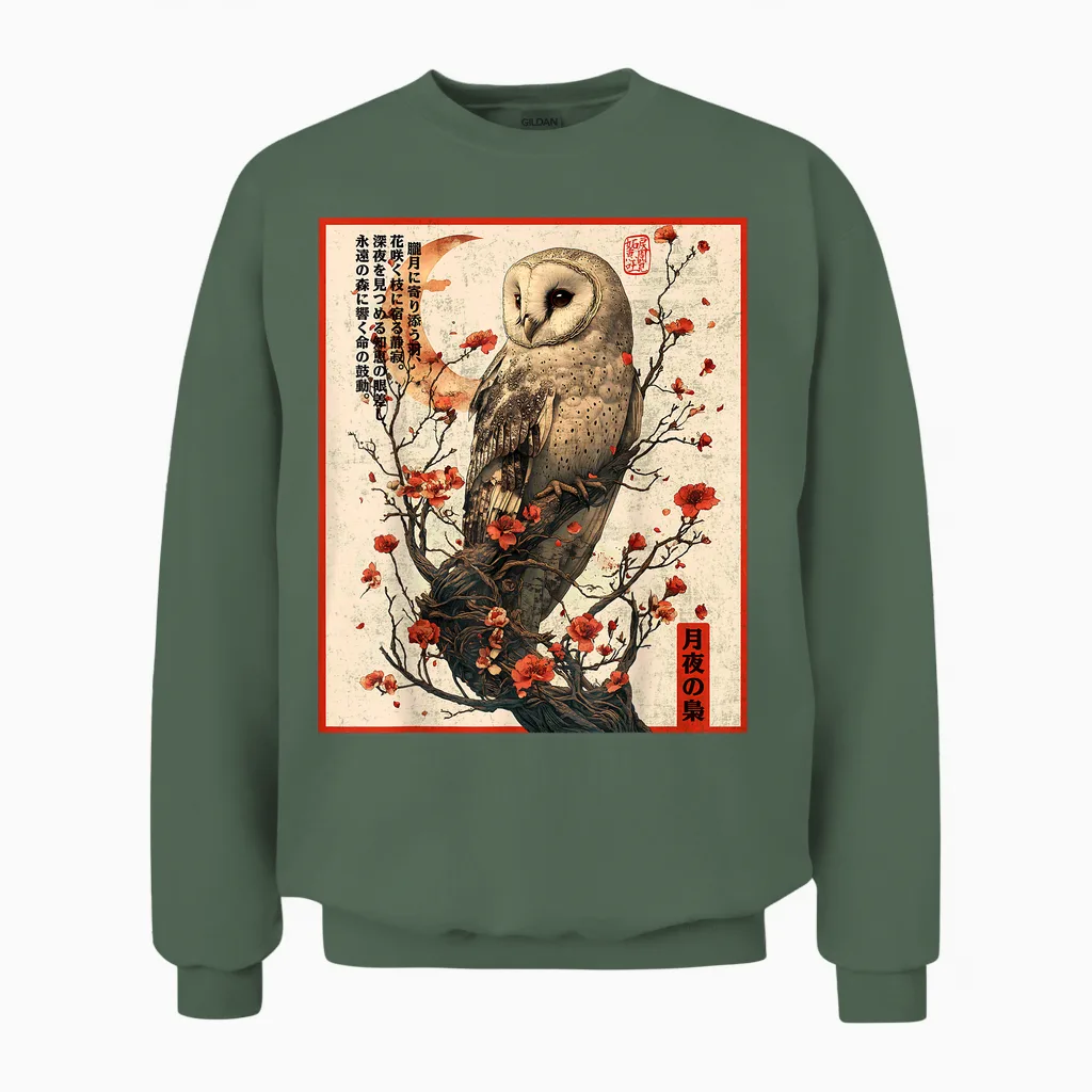 Japanese Moonlight Night Owl Ukiyo-E Gothic Graphic T-Shirt, Black, S Unisex Sweatshirt in Military Green
