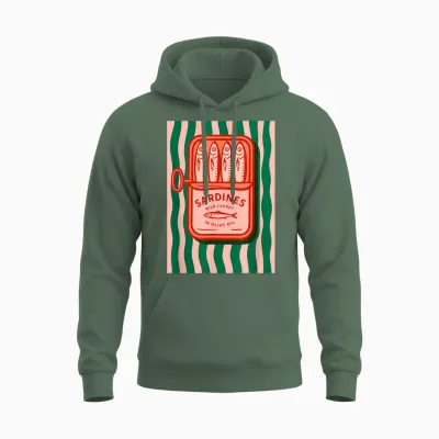 Retro Graphic Summer Fish Tin Sardines for Men Women Unisex Hoodie - Military Green