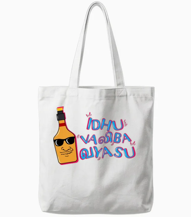 Idhu Valiba Vayasu Tamil Comedy Bottle Tote Bags in White