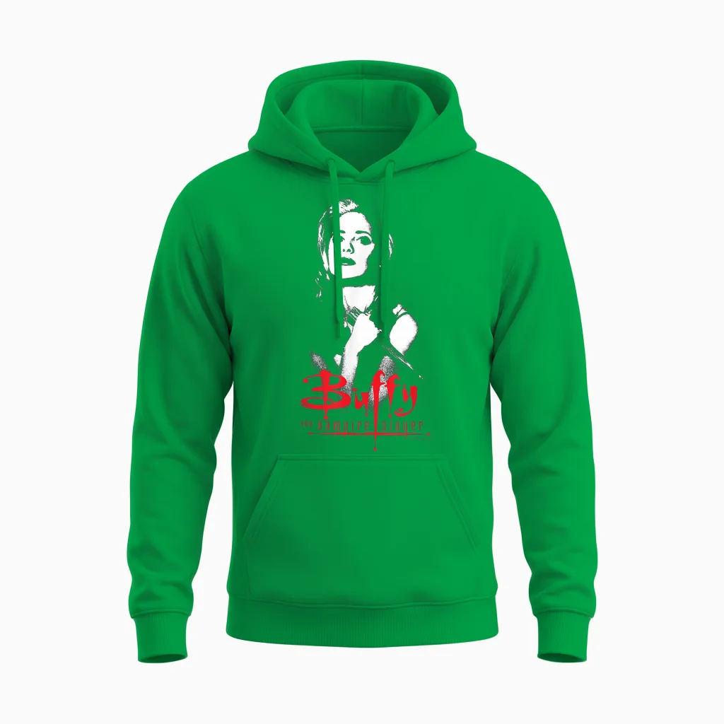 Buffy the Vampire Slayer Buffy Summers Distressed Hero T-Shirt, Black Unisex Hoodie in Irish Green