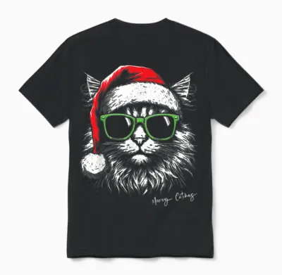 Meowy Catmas Santa Hat Cute Cat Christmas Pajamas Xmas Unisex T-Shirt - Black