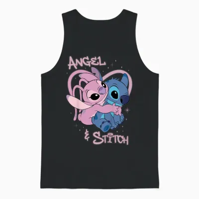 Children's Disney Lilo & Stitch Angel and Stitch Airbrush Heart Unisex Tank Top - Black