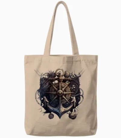 Anchor and Compass from Sailing Ship Maritime Sea Captain T-Shirt, Black Tote Bags - Natural