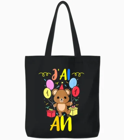 J'ai 1 an 1e Ours En Peluche Anniversaire T-Shirt, Black, S Tote Bags - Black