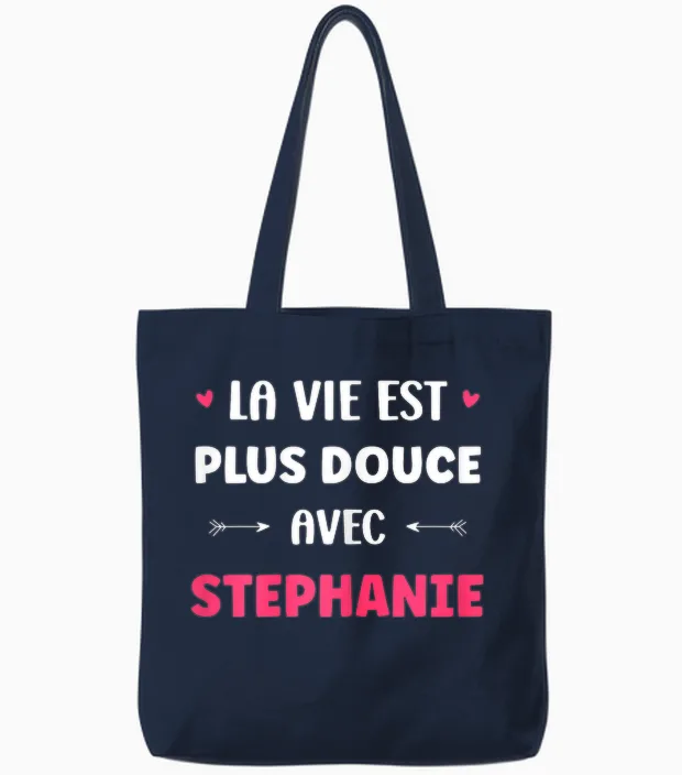 Humor Name Stephanie Life Is Sweeter with Stephanie Tote Bags in Navy