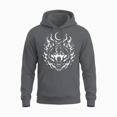 Lupine Flame Moon Wolf Unisex Hoodie - Charcoal