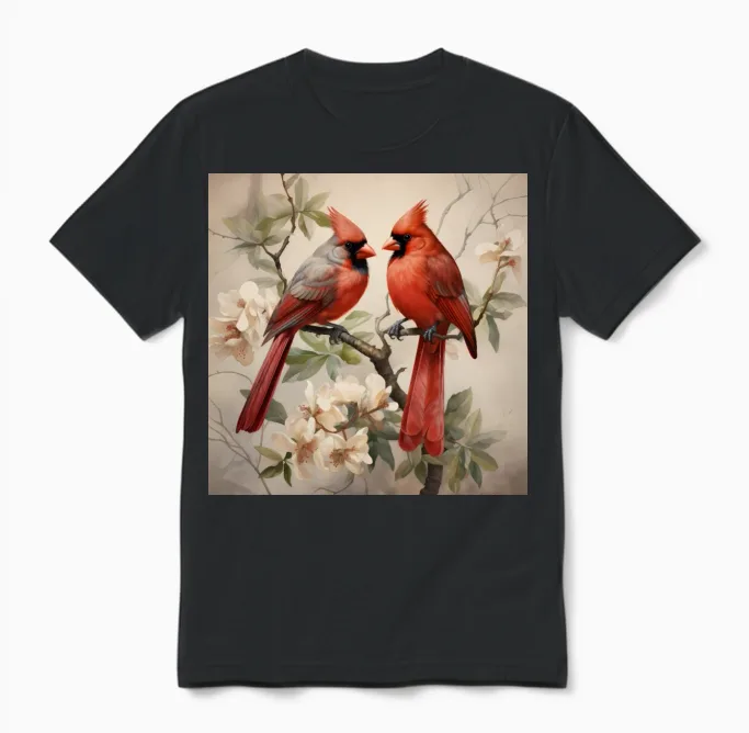 Northern Red Cardinal Birds with Flowers Unisex T-Shirt in Black