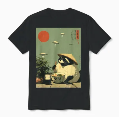 Funny Vintage Japanese Raccoon Ramen Ufo Alien Space Noodles Unisex T-Shirt - Black