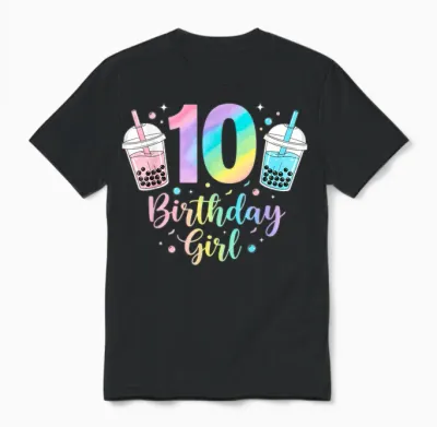 Bubble Boba Tea Sweet 10 Years Old 10th Birthday Girls Unisex T-Shirt - Black