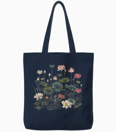 Vintage Botanical Lotus Flower Girl Tote Bags - Navy