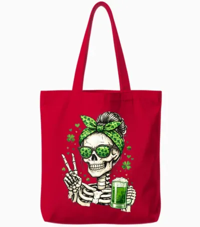 Skull Sunglass Messy Bun Irish Funny St Patrick's Day Women Tote Bags - Red