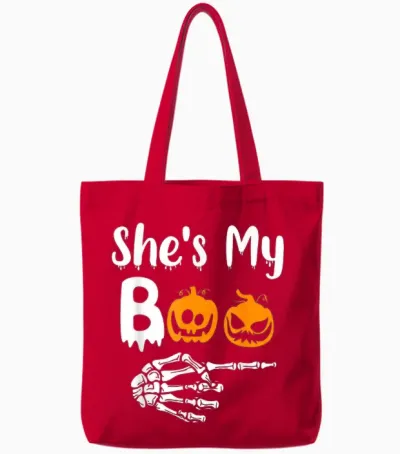 She's My Boo Matching Halloween Pajama Couples He's My Boo Tote Bags - Red
