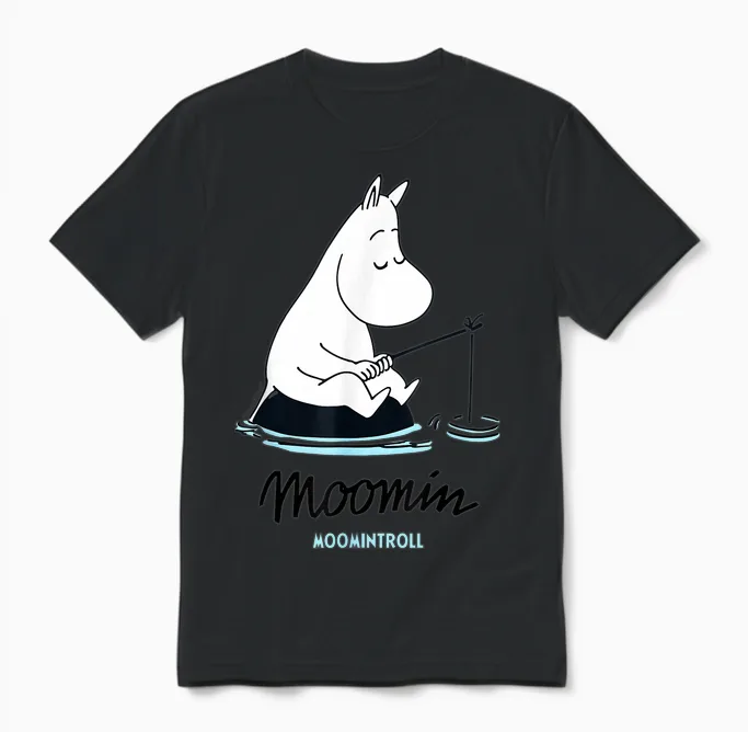 Fishing at Moomin Moomintroll T-Shirt, Grey, S Unisex T-Shirt in Black