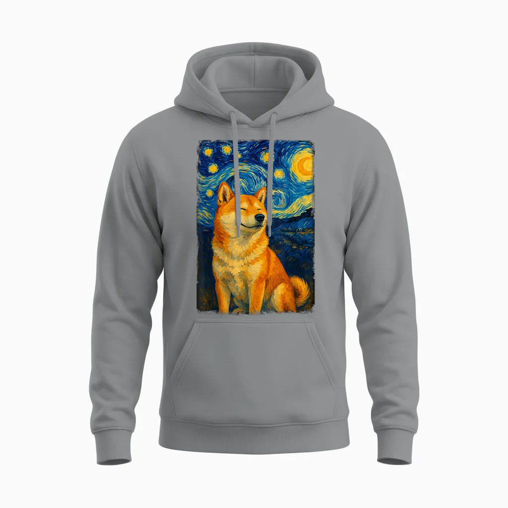 Shiba Inu Under Starry Sky Art Dog Aesthetic Unisex Hoodie in Sport Grey
