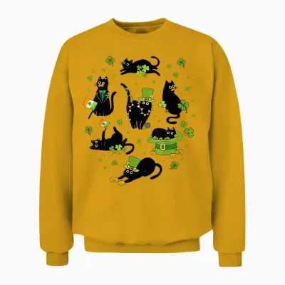 St Patricks Day Black Cat with Shamrock Irish Matching Unisex Sweatshirt - Gold