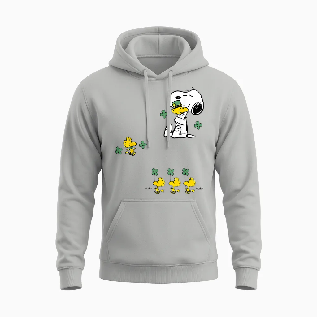 Snoopy & Woodstock - St Patrick's Day Shamrock Unisex Hoodie in Ash