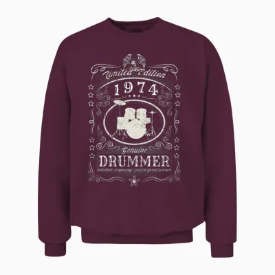Vintage 1974 Drummer Birthday Gift Percussionist Unisex Sweatshirt - Maroon