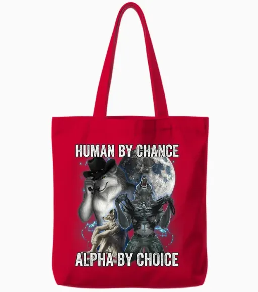 Human by Chance Alpha by Choice Tote Bags in Red