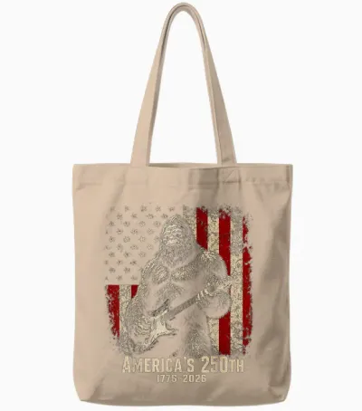 Bigfoot Sasquatch Playing Guitar 250 Years American Usa Tote Bags - Natural