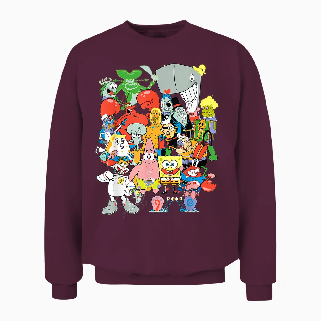 Spongebob Squarepants Cast of Characters Unisex Sweatshirt in Maroon