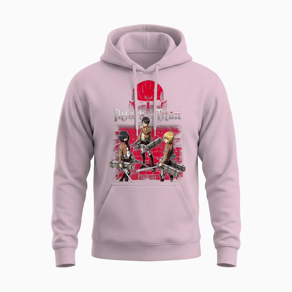 Attack on Titan 3 Main Characters Red Background Anime Unisex Hoodie in Light Pink