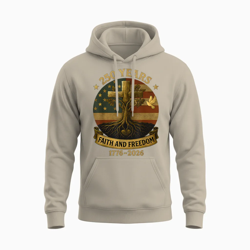 Flag Cross Tree 250 Years Faith and Freedom 1776-2026 Unisex Hoodie in Sand