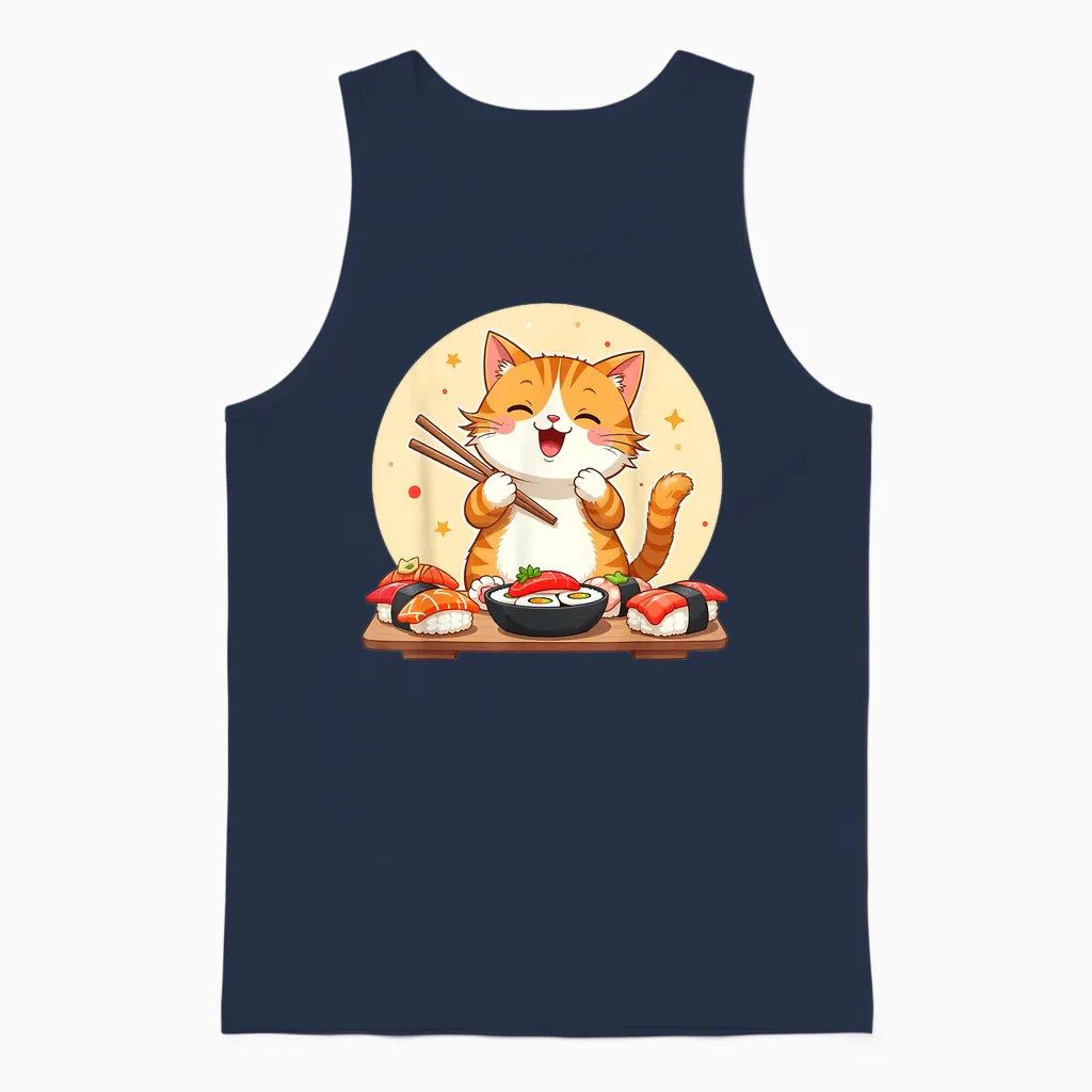 Japanese Sushi Kawaii Sushi Cat Lover T-Shirt, Black, S Unisex Tank Top in Navy