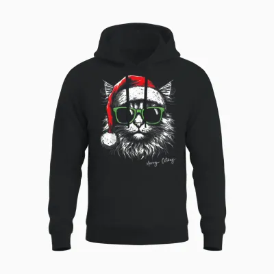 Meowy Catmas Santa Hat Cute Cat Christmas Pajamas Xmas Unisex Hoodie - Black