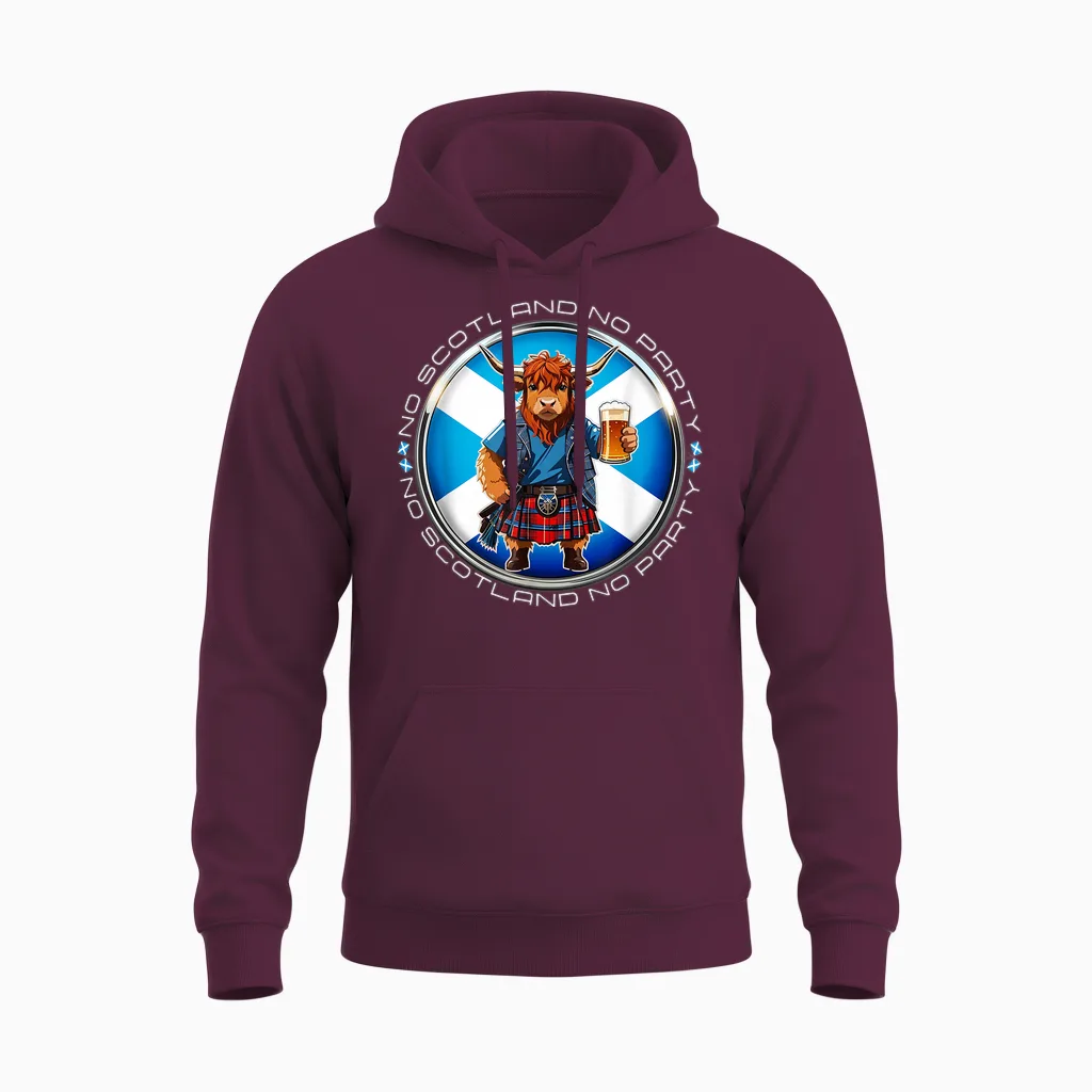 No Scotland No Party Scottish Pride Scotland Highland Cow Unisex Hoodie in Maroon