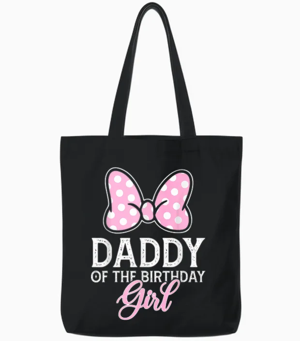 Daddy of the Birthday Girl Cute Pink Bow Family Matching Tote Bags in Black