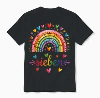 Rainbow Hearts 7th Birthday 7 Years Girls Unisex T-Shirt - Black