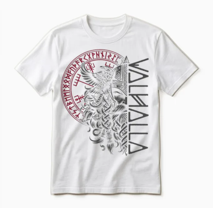 Walhalla Odin with Ravens Runes Nordic Compass Viking Unisex T-Shirt in White