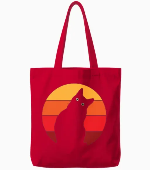 Vintage Retro 80s Curious Cute Cat on Sunset Tote Bags in Red