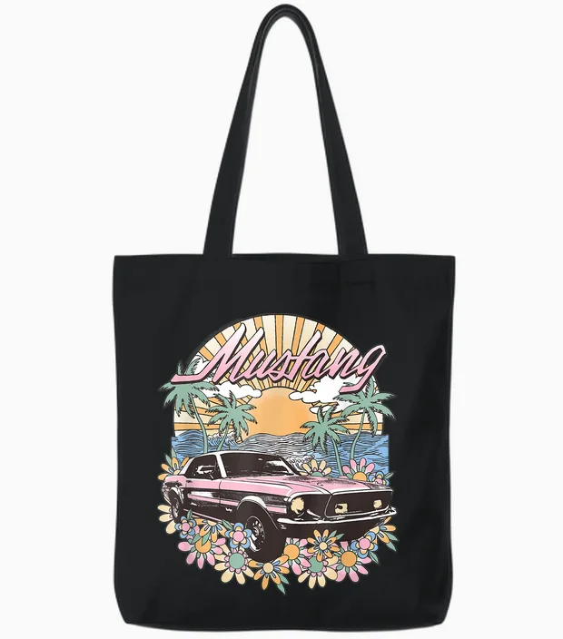 Ford β Vintage Pink Mustang Floral Beach Sunset Palmen Tote Bags in Black