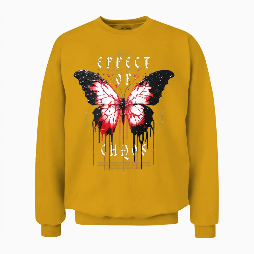 Y2k Hip Hop Backprint Streetwear Chaos Effect Butterfly T-Shirt, Black Unisex Sweatshirt in Gold