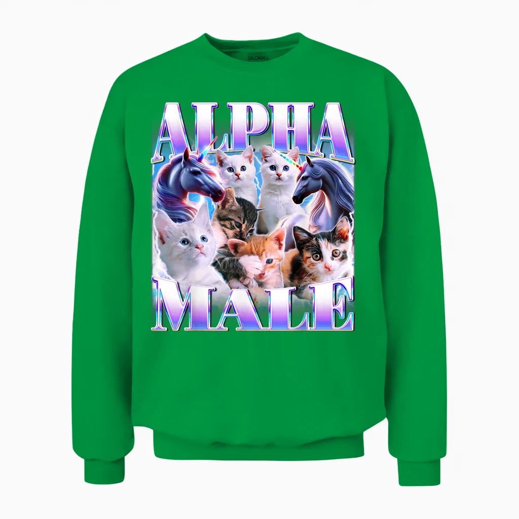 Unicorn Male Alpha Cute Cat Funny Ironic Meme Graphic Unisex Sweatshirt in Irish Green