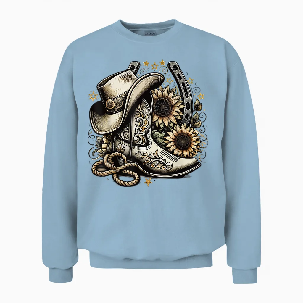 Western Cowboy Boot Horseshoe Shape Sunflower Rope Cowgirl Country T-Shirt, Black, S Unisex Sweatshirt in Light Blue