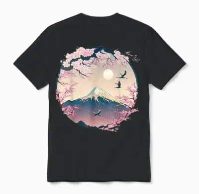 Japanese Sakura Garden Geisha Mount Fuji Cherry Blossom Unisex T-Shirt - Black