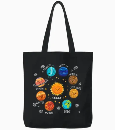 Sonnen System Mit Jupiter Pluto Und Mars - Klassisches, Wissenschaftliches T-Shirt Mit V-Ausschnitt Und Kurzarm - Unisex, Schwarz, S Tote Bags - Black