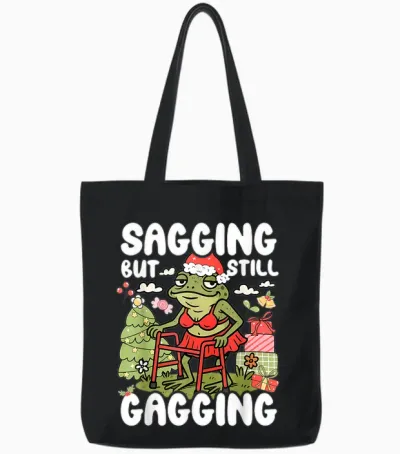 Sagging but Still Gagging Frog Funny Cringe Meme Christmas Tote Bags - Black