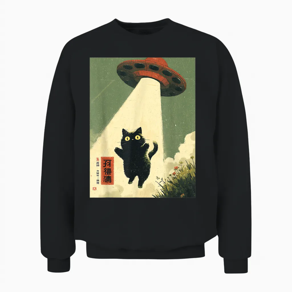 Vintage Japanese Cat Alien Cat Dad Ufo Abduction Graphic Unisex Sweatshirt in Black