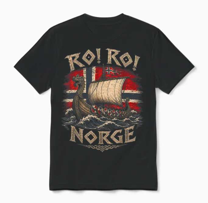 Ro! Ro! Norge Wikinger Langschiff Norwegen Flagge Skandinavisch Unisex T-Shirt in Black