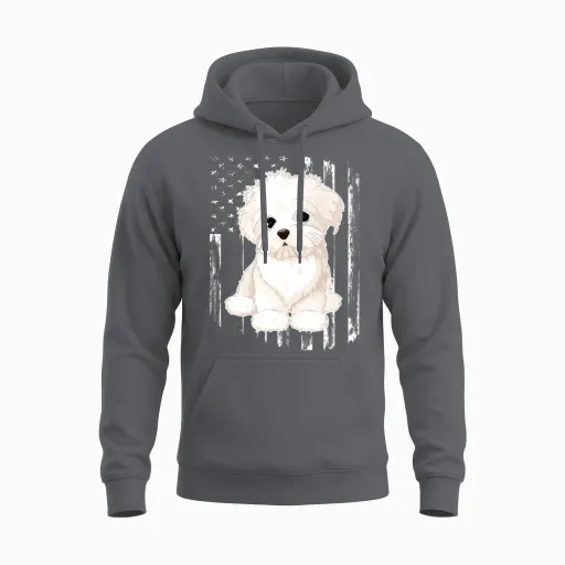 Distressed American Flag Maltese Dog Unisex Hoodie in Charcoal