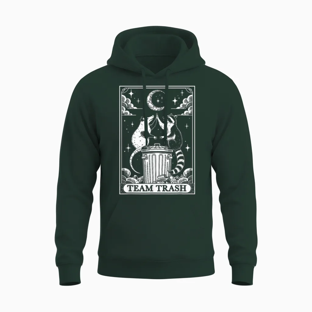 Tarot Card Vintage Team Trash Crescent Moon Opossum Raccoon Unisex Hoodie in Forest