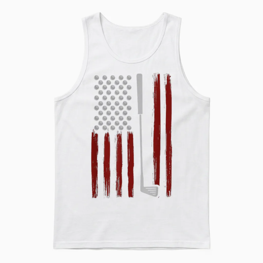 Retro American Flag Golf Golfer Funny Golf Club Golfing Unisex Tank Top in White