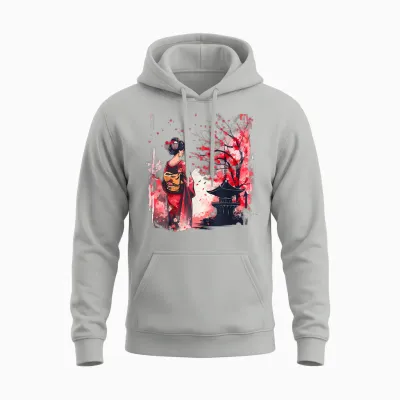 Japanese Geisha Sakura Cherry Blossom Pagoda Geisha Girl T-Shirt, Black, S Unisex Hoodie - Ash