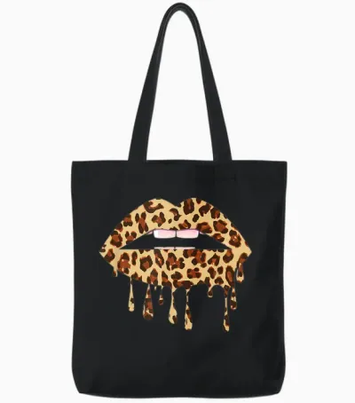 Leo Mouth Lips in Leo Look Leopard Pattern Gift T-Shirt, Black, S Tote Bags - Black