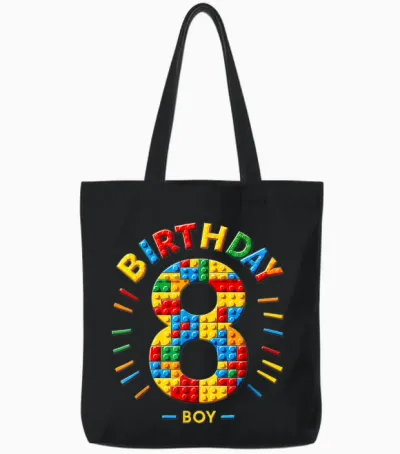 Master Builder 8th Birthday Boy 8 Eight Years Building Blocks T-Shirt, Black Tote Bags - Black