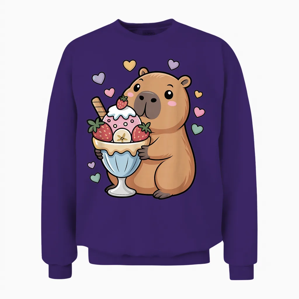 Capybara Cartoon with Ice Cup Shaped Water Pig Unisex Sweatshirt in Purple