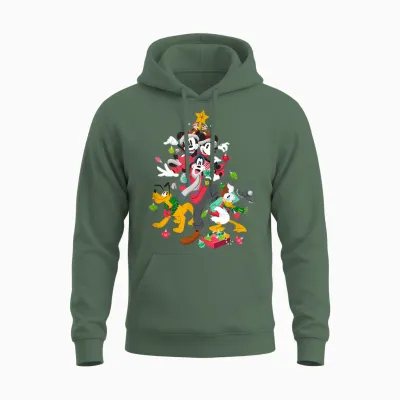 Disney Mickey Minnie Goofy Pluto Chip Dale Christmas Tree Unisex Hoodie - Military Green